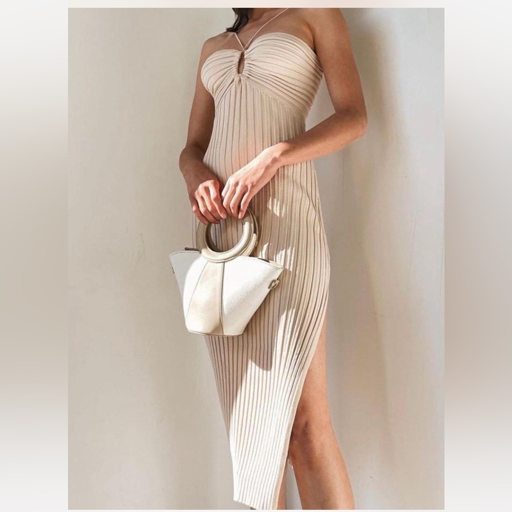 NWT Meshki Lori Halter Strap Ruched Front Ribbed Knit Midi Dress | S
